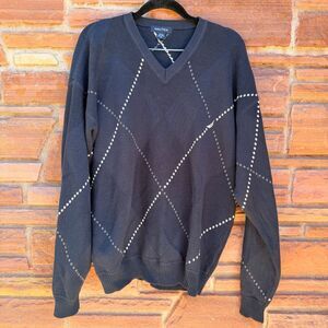 Nautica Mens Sweater Navy V Neck Cotton Argyle Diamond Cotton Pullover Medium
